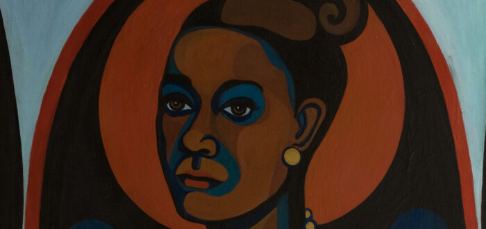 Modernist portrait of a dark-skinned woman with her hair styled in a 1960's updo, wearing pearl earrings and a pearl necklace. In a style akin to Cubism, solid-colored shapes in browns, blues, black and orange, are arranged to create the overall image.