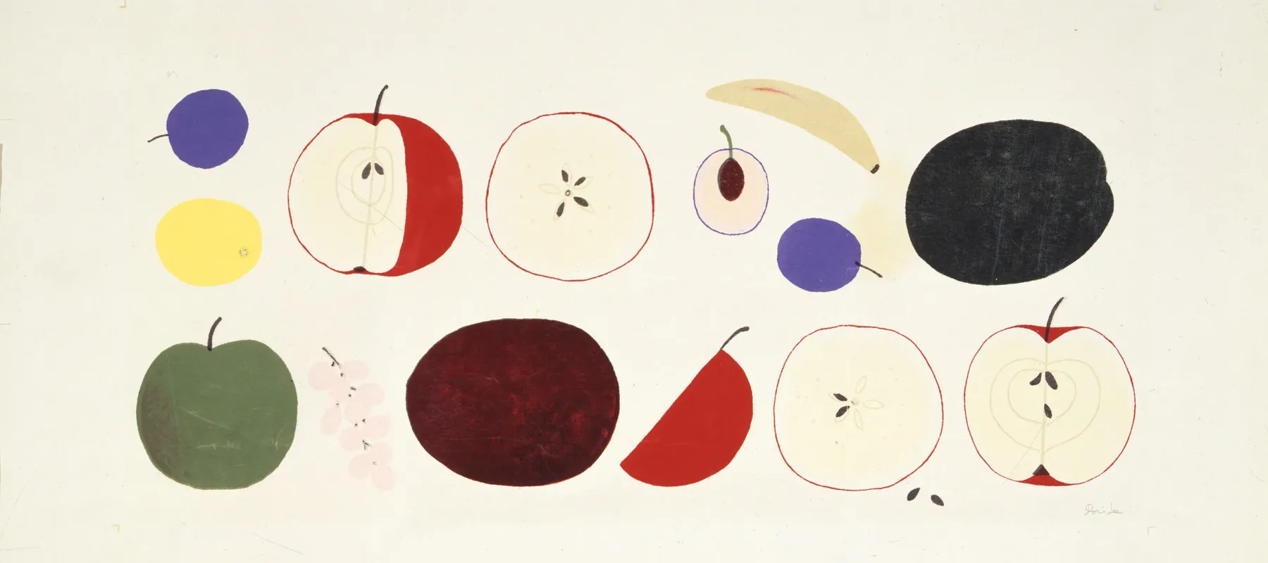 Two rows of colorfully painted fruits on a white background, mostly red apples with slices cut out of them. Other fruits depicted include plums, a banana, grapes, a green apple, and a lemon.