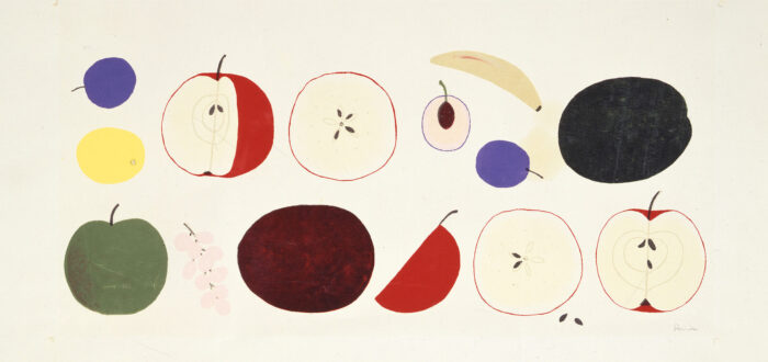 Two rows of colorfully painted fruits on a white background, mostly red apples with slices cut out of them. Other fruits depicted include plums, a banana, grapes, a green apple, and a lemon.