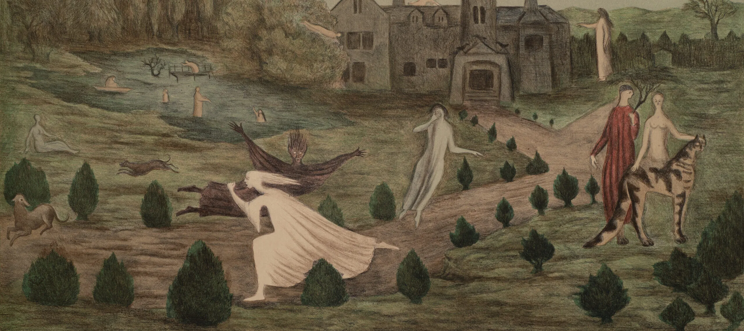 Eerie figures walk, float, swim and stand in a pastoral landscape. A grey house sits next to a small body of water, the lawn decorated with small shrubs and trees. A pair, one dressed and one nude, pet a stripped animal as ghostly figures move through the foreground.