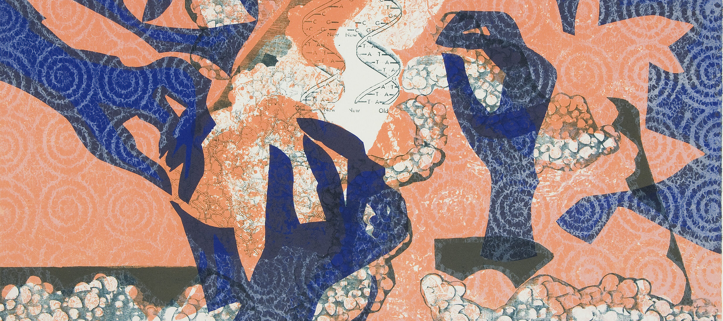 Cobalt, ghostly hands gently reaching toward the center of a painting against a salmon-colored background with another cobalt shape in the upper-right corner. Bubbly white textures and black shapes are layered over the cobalt and salmon, along with a grid of white spirals.