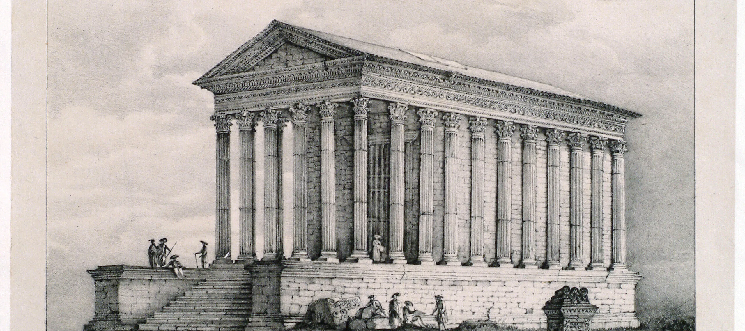 An etching of a temple amidst ruins. At the entry of the temple, four little figures in soldier gear are standing and sitting. On the other side of the temple, a woman in a hat is walking along the collonades. Underneath the etching, it says: "Temple of Caius & Lucius Caesar, or Maison Carre at Nismes".