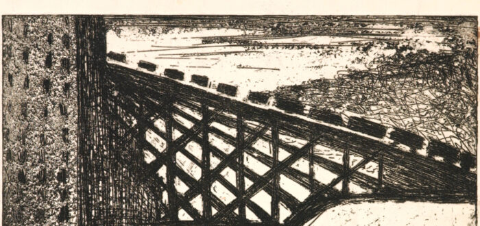 Etching of a coal mine with several carts transporting coal going up to a piece of machinery.