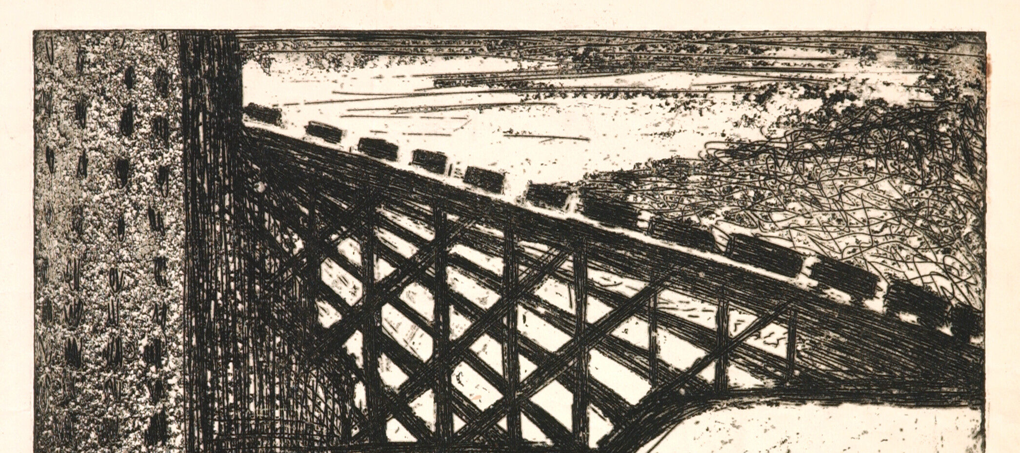 Etching of a coal mine with several carts transporting coal going up to a piece of machinery.