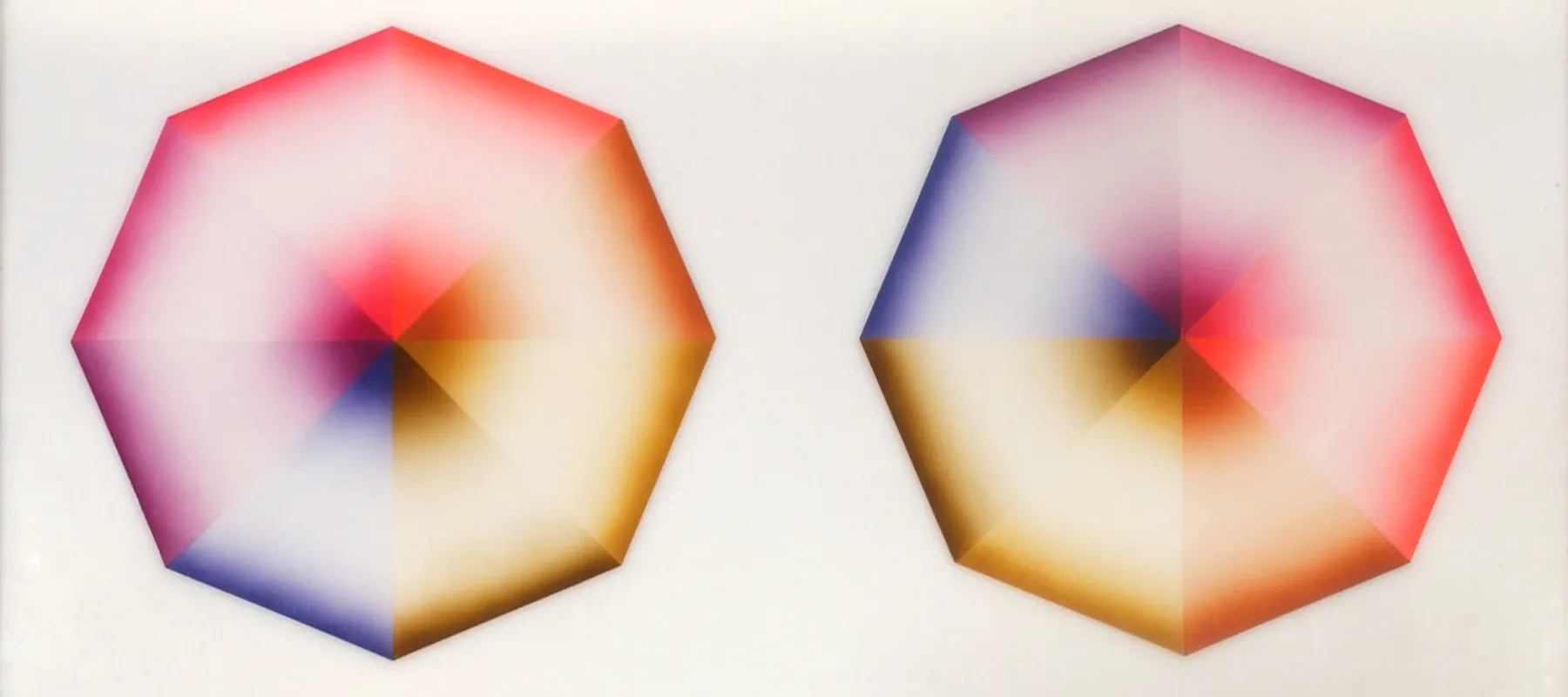 Four hard-edged octagons, each divided into eight pie-slice shapes painted red, pink, orange, yellow, olive green, blue, violet, or lavender, occupy a square, white background. Dark at the wide and narrow ends of each wedge, the hues create the illusion of 3-dimensional forms.