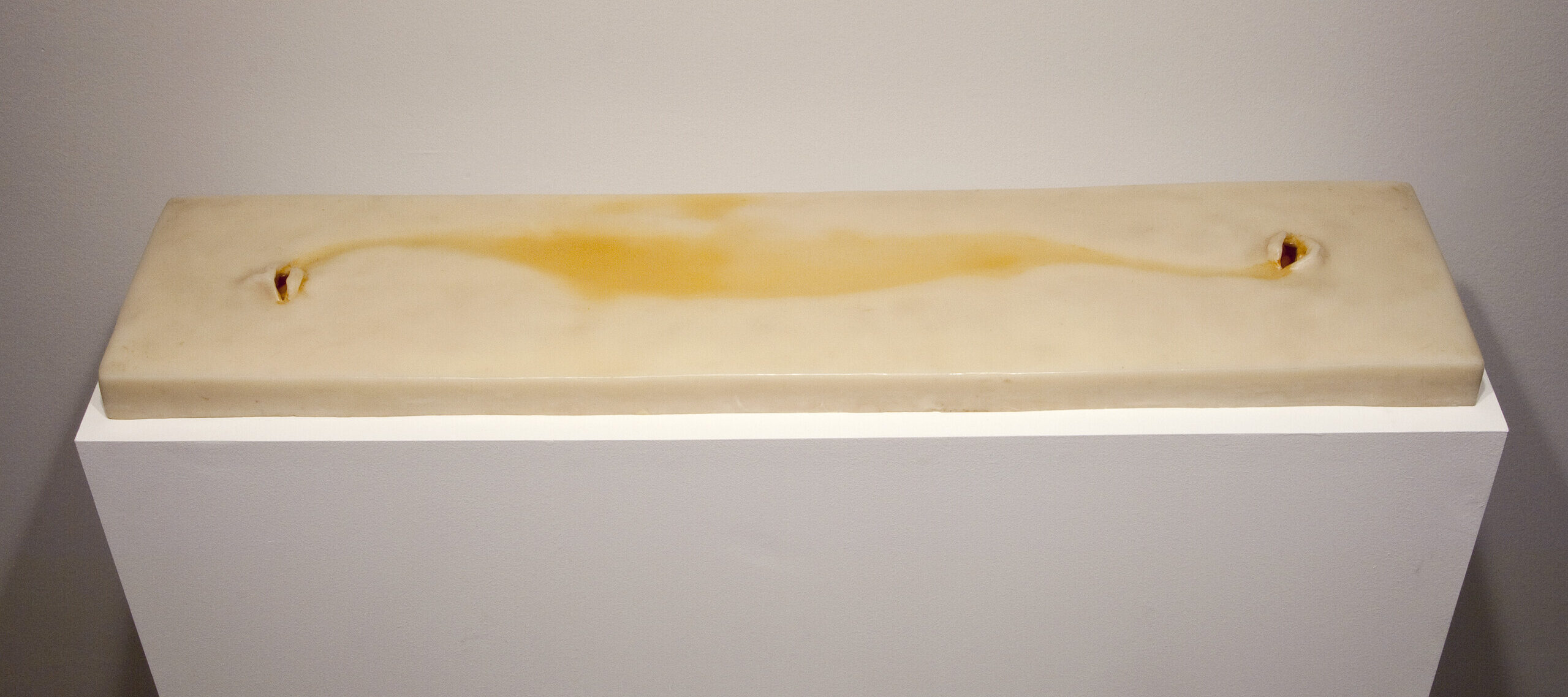 A long sculpture lying on a pedestal. The sculpture is made from beeswax and has an organic shape, resembling two open mouths on opposite sites, connected through a yellow line.