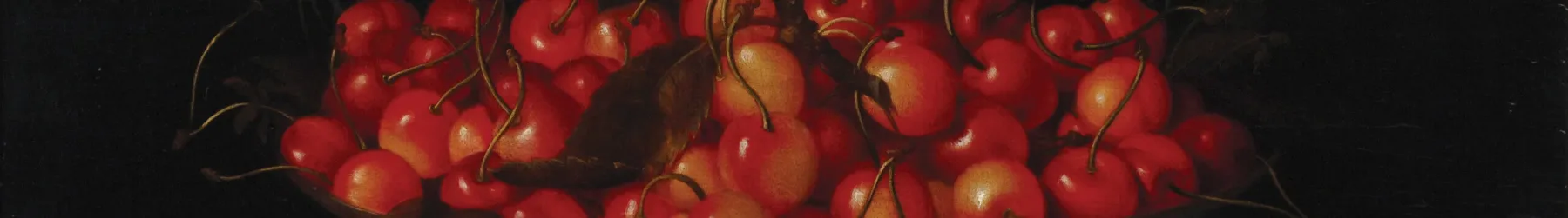 An opulent, footed silver bowl overflows with ripe cherries in front of a dramatic dark background. Additional fruits lie on the table below the bowl, and a butterfly flutters to one side.