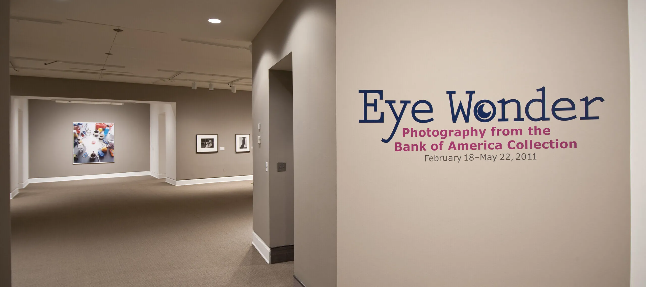 An installation view of a gallery space with white walls and a gray floor. On the wall facing the viewer it says "Eye Wonder: Photography from the Bank of America Collection" in blue and pink letters.