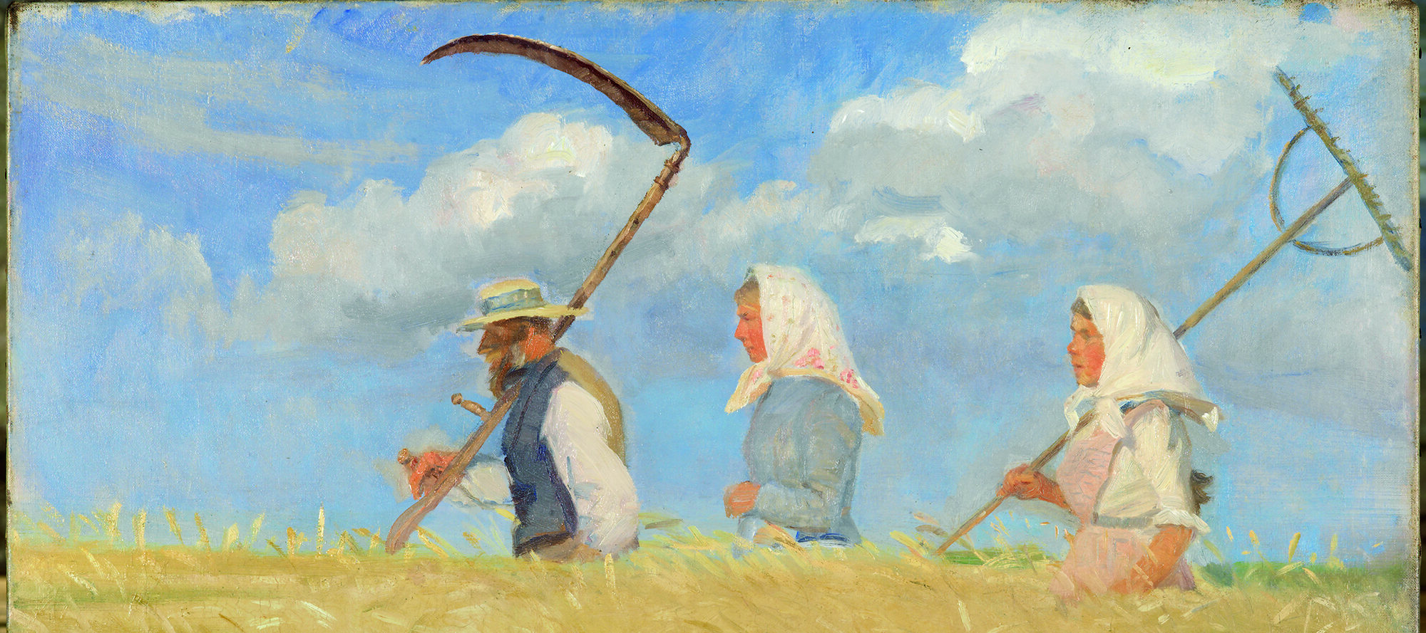 Expressionist painting of a man and two women wearing white headscarves walking through a waist-high wheat field. The man and the woman following in the back carry scythes to cut the wheat.