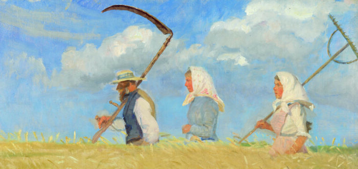 Expressionist painting of a man and two women wearing white headscarves walking through a waist-high wheat field. The man and the woman following in the back carry scythes to cut the wheat.