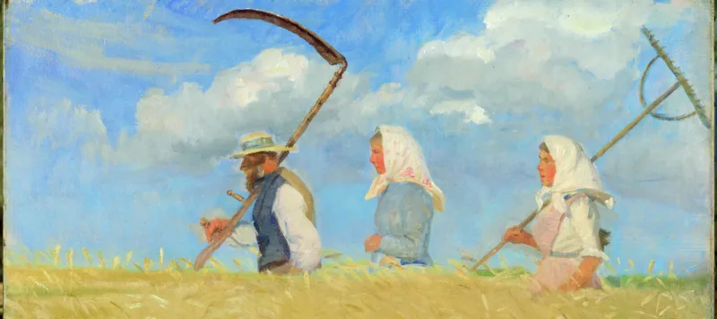 Expressionist painting of a man and two women wearing white headscarves walking through a waist-high wheat field. The man and the woman following in the back carry scythes to cut the wheat.