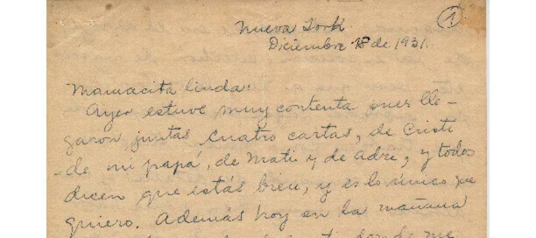 A letter handwritten in Spanish from 1931. The paper is worn and stained and the letter is addressed to Mamacita Linda.