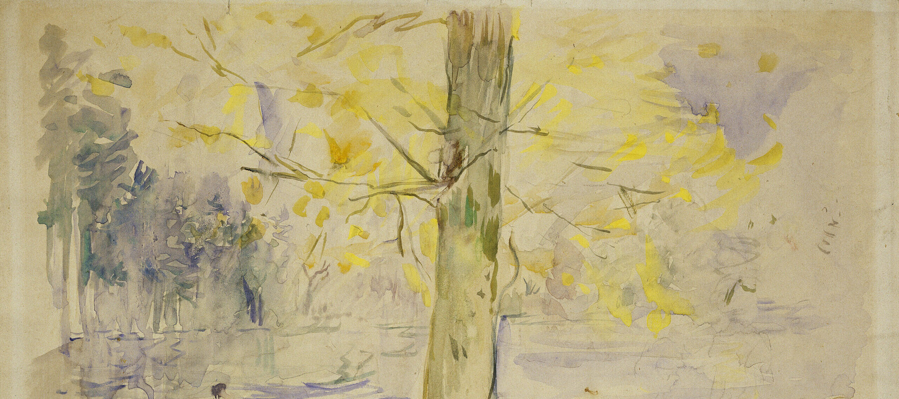 A tree with bright, yellow leaves is standing next to a river. The lush colors suggest a late summer day. On the river, a person is rowing in a boat. The other side of the river is indicated by a line of trees.