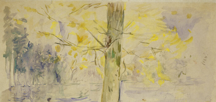 A tree with bright, yellow leaves is standing next to a river. The lush colors suggest a late summer day. On the river, a person is rowing in a boat. The other side of the river is indicated by a line of trees.