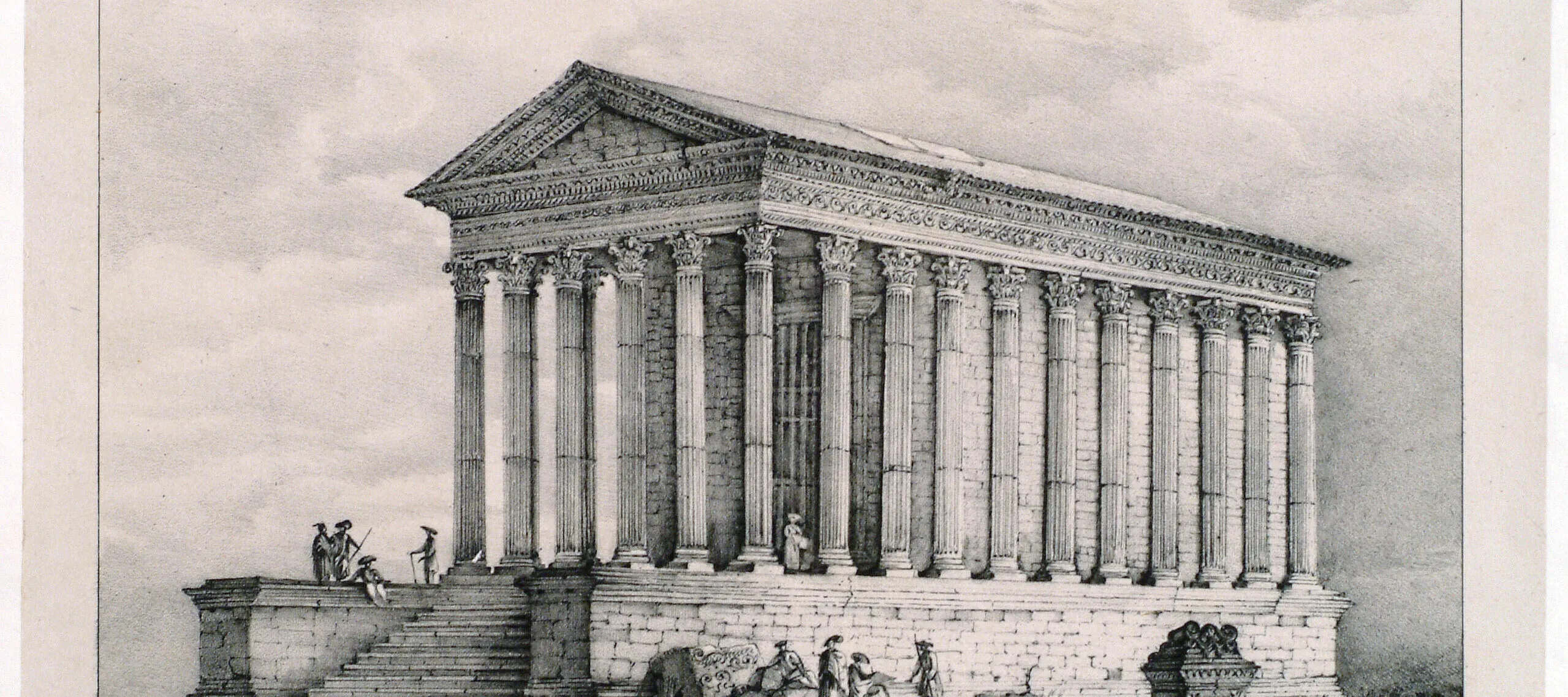 An etching of a temple amidst ruins. At the entry of the temple, four little figures in soldier gear are standing and sitting. On the other side of the temple, a woman in a hat is walking along the collonades. Underneath the etching, it says: "Temple of Caius & Lucius Caesar, or Maison Carre at Nismes".