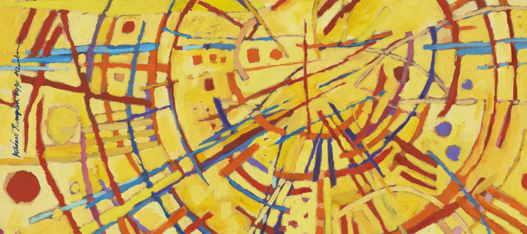 Abstract painting features a vivid yellow background covered by circles, daubs, and straight and wavy lines in red, orange, cobalt, sky blue, and violet. Arcing red strokes evoke concentric circles. Straight lines in other hues radiate out from the center circle like a starburst.