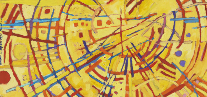 Abstract painting features a vivid yellow background covered by circles, daubs, and straight and wavy lines in red, orange, cobalt, sky blue, and violet. Arcing red strokes evoke concentric circles. Straight lines in other hues radiate out from the center circle like a starburst.
