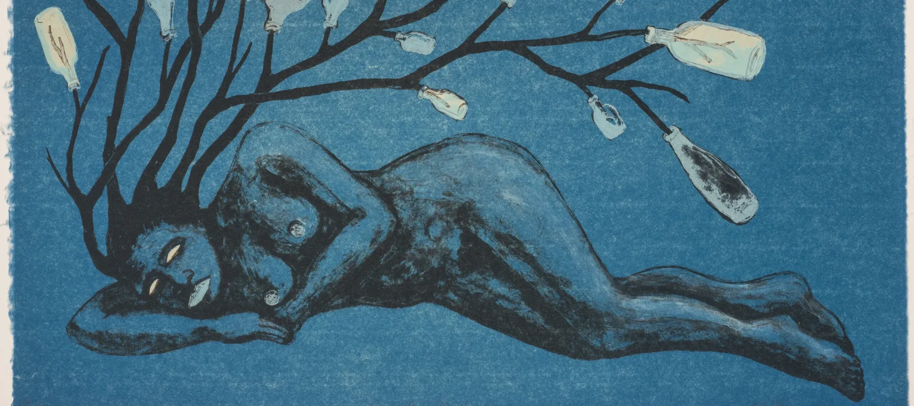 Lithograph print on a blue background portrays a nude woman laying horizontally across the length of the paper. In place of hair, a bottle tree appears to sprout from the figure’s head.