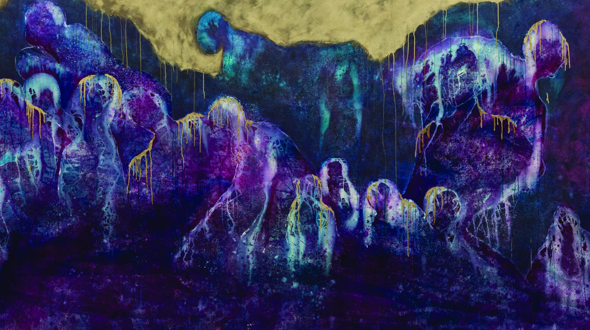 An abstract painting with purple-toned human-like figures against a gold backdrop with dark mountainous forms.