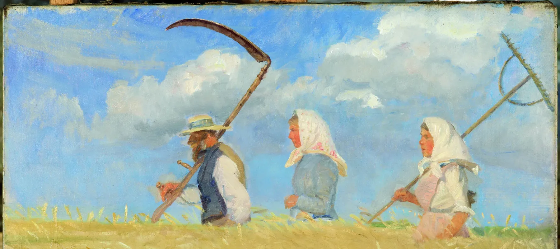 Expressionist painting of a man and two women wearing white headscarves walking through a waist-high wheat field. The man and the woman following in the back carry scythes to cut the wheat.