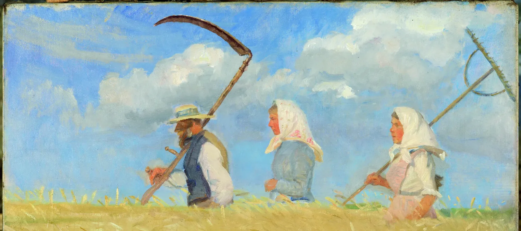 Expressionist painting of a man and two women wearing white headscarves walking through a waist-high wheat field. The man and the woman following in the back carry scythes to cut the wheat.