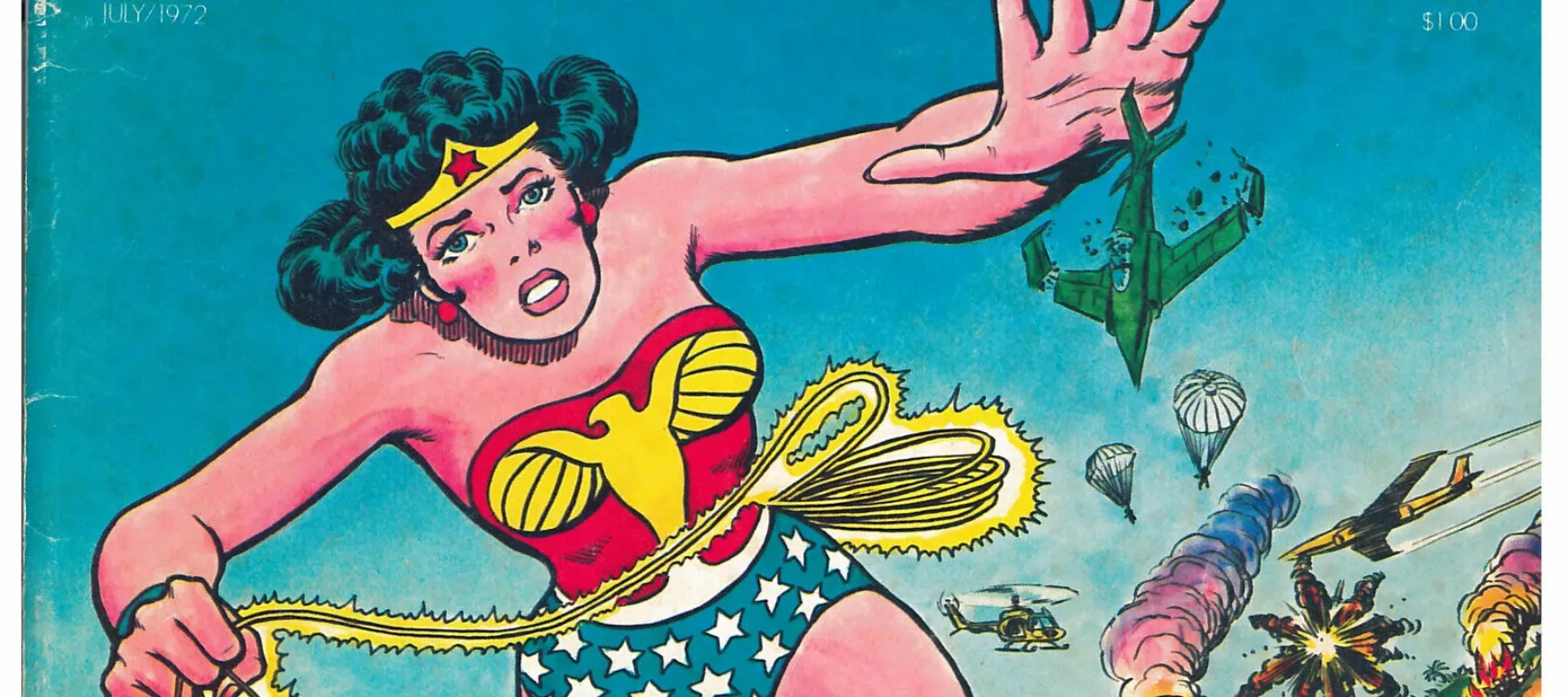 Comic book cover featuring a woman in a bathing suit with a blue bottom with stars and a red top. She has a light skin tone and is appearing oversized as she tramples across a busy highway, shattering planes with her hand. The title reads "Ms" and "Wonder Woman for President."