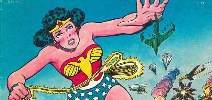 Comic book cover featuring a woman in a bathing suit with a blue bottom with stars and a red top. She has a light skin tone and is appearing oversized as she tramples across a busy highway, shattering planes with her hand. The title reads "Ms" and "Wonder Woman for President."