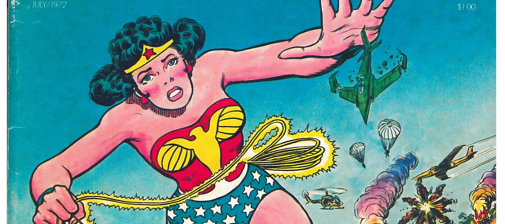 Comic book cover featuring a woman in a bathing suit with a blue bottom with stars and a red top. She has a light skin tone and is appearing oversized as she tramples across a busy highway, shattering planes with her hand. The title reads "Ms" and "Wonder Woman for President."