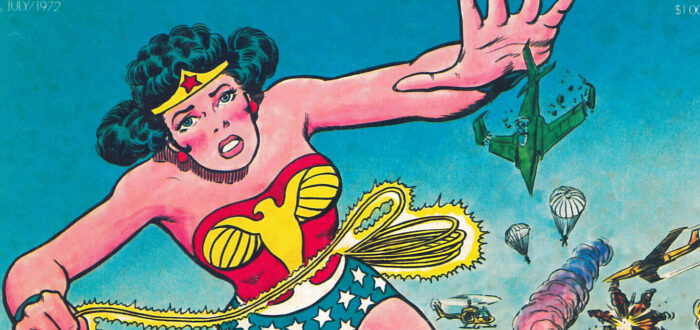 Comic book cover featuring a woman in a bathing suit with a blue bottom with stars and a red top. She has a light skin tone and is appearing oversized as she tramples across a busy highway, shattering planes with her hand. The title reads "Ms" and "Wonder Woman for President."