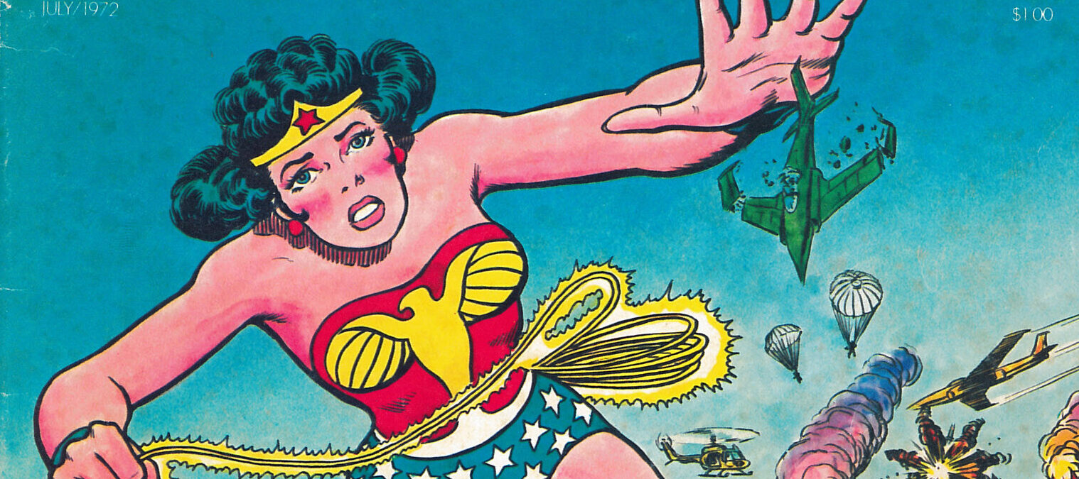 Comic book cover featuring a woman in a bathing suit with a blue bottom with stars and a red top. She has a light skin tone and is appearing oversized as she tramples across a busy highway, shattering planes with her hand. The title reads 