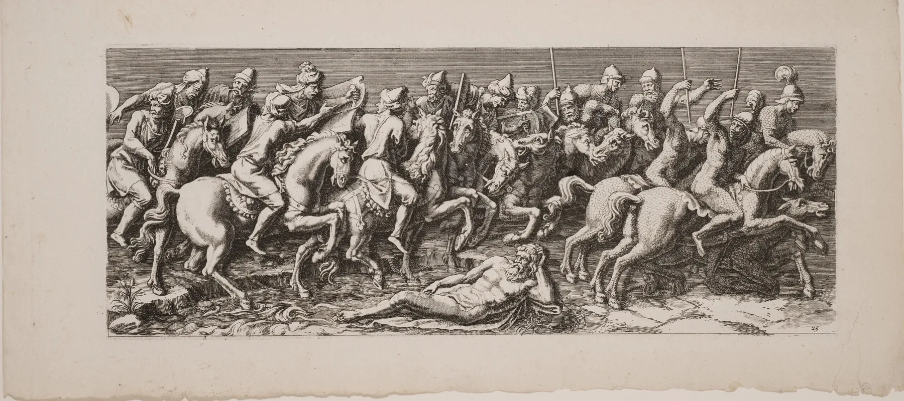 A black-and-white, horizontal print depicts multiple Roman-style male figures on horseback. They hold weapons or brass musical instruments and process, somewhat chaotically, towards the viewer's right.