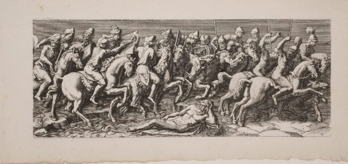 A black-and-white, horizontal print depicts multiple Roman-style male figures on horseback. They hold weapons or brass musical instruments and process, somewhat chaotically, towards the viewer's right.