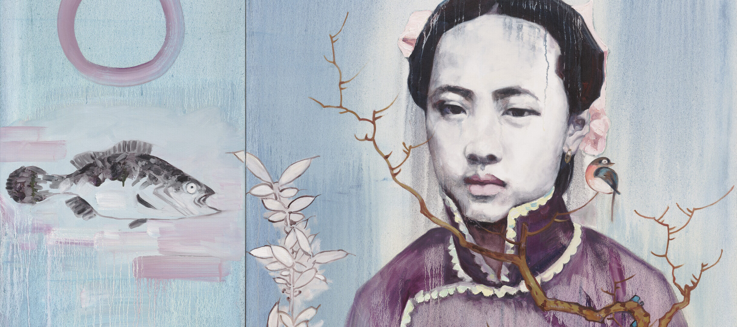 A square painting with layered, dripping textures of a Chinese woman with dark hair and a traditional dress. She gazes straightforward at the viewer. In front of her, a tree branch extends upward and a bird perches on the end of it. The background consists of two different shades of blue and on the left side of the canvas an open-mouthed fish points towards the woman.