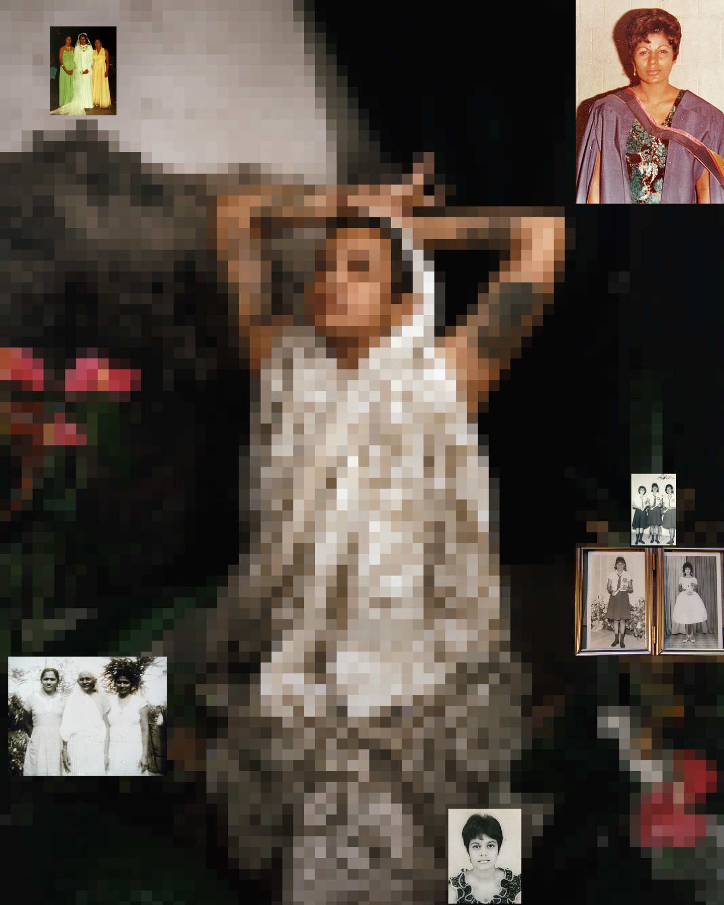 A pixelated image shows a person dressed in white with her arms raised, resting on her head. Placed around her are black-and-white and color photographs of medium- and dark-complexioned women in formal gowns, saris, and school uniforms.