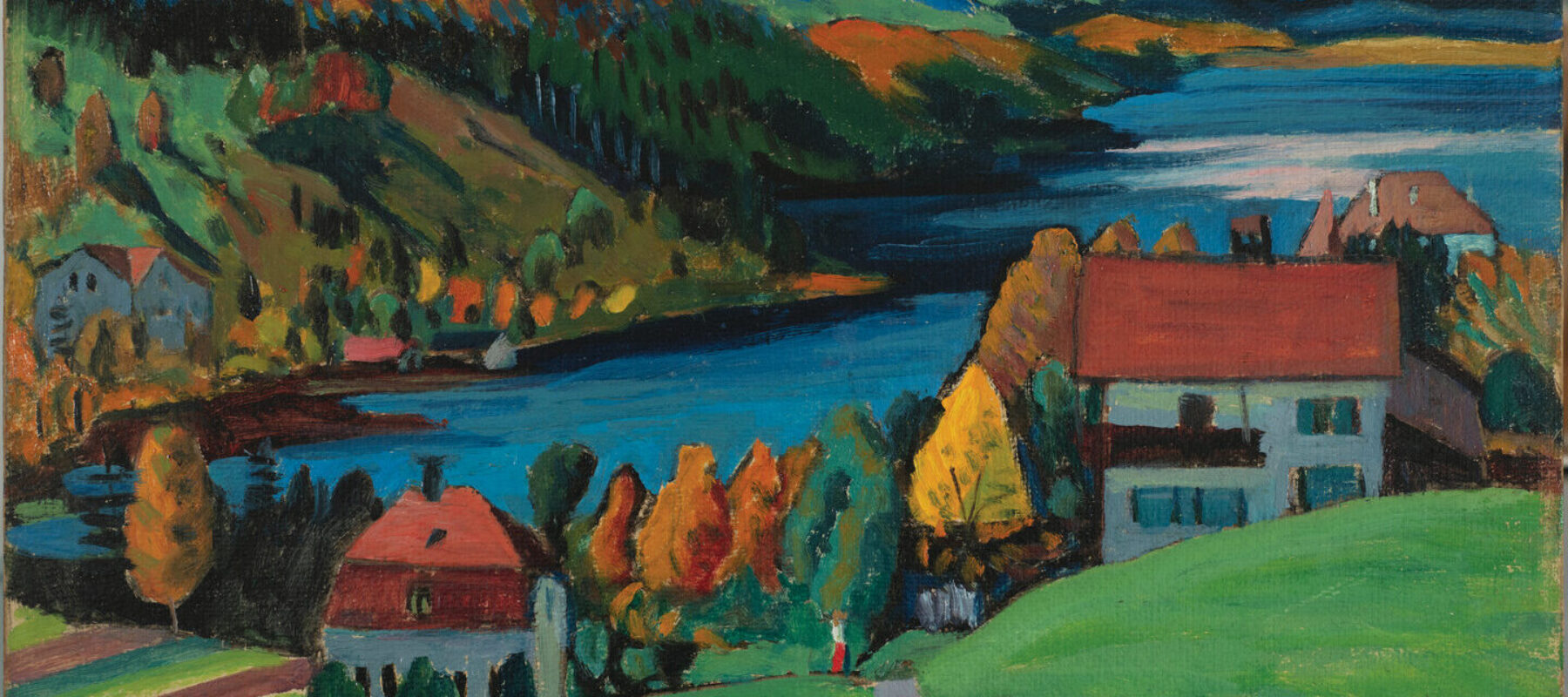 An Expressionist oil painting depicting a large lake nestled into a mountainous landscape. There is a forest of trees with red, yellow, and orange leaves. On the far shore of the lake are houses and other buildings. In the foreground, a single sheep is grazing in front of two houses.