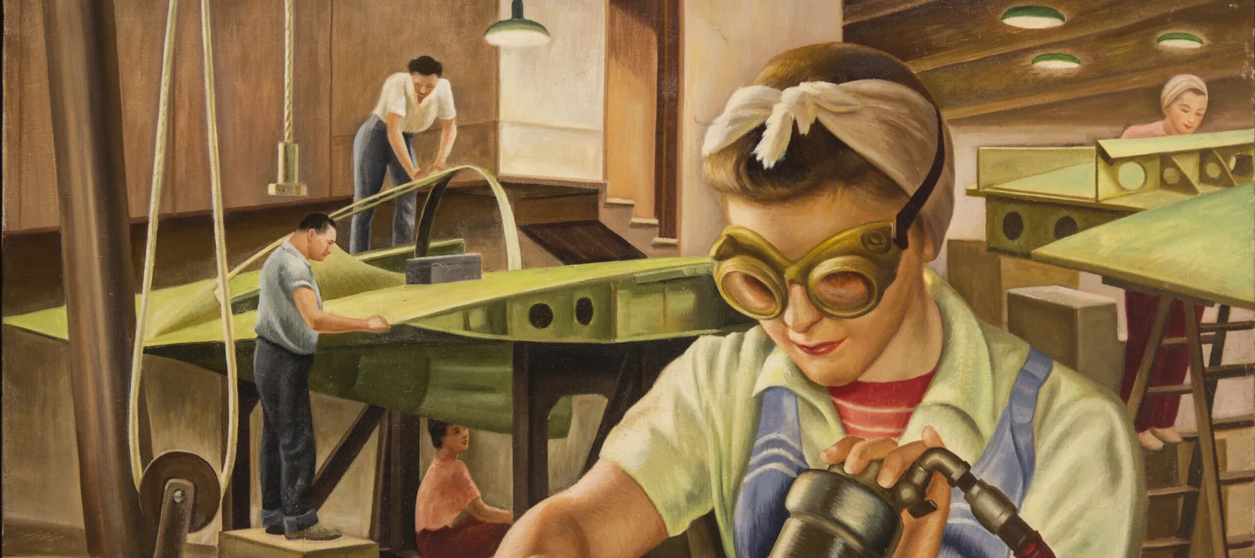 Painting of a light-skinned woman wearing safety goggles and working with heavy machinery in an industrial warehouse setting. She wears short sleeves under her overalls and her hair is tied up with a kerchief. In the background, other light-skinned figures work on airplane parts.