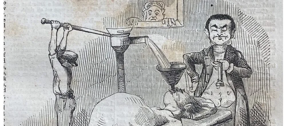 A 19th-century medial illustration shows a male doctor inflating his patient like a water balloon.