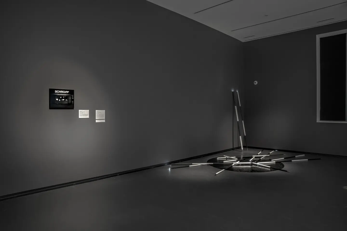A dark room with small black and white photo on wall at left and artwork of black and white rods at right.