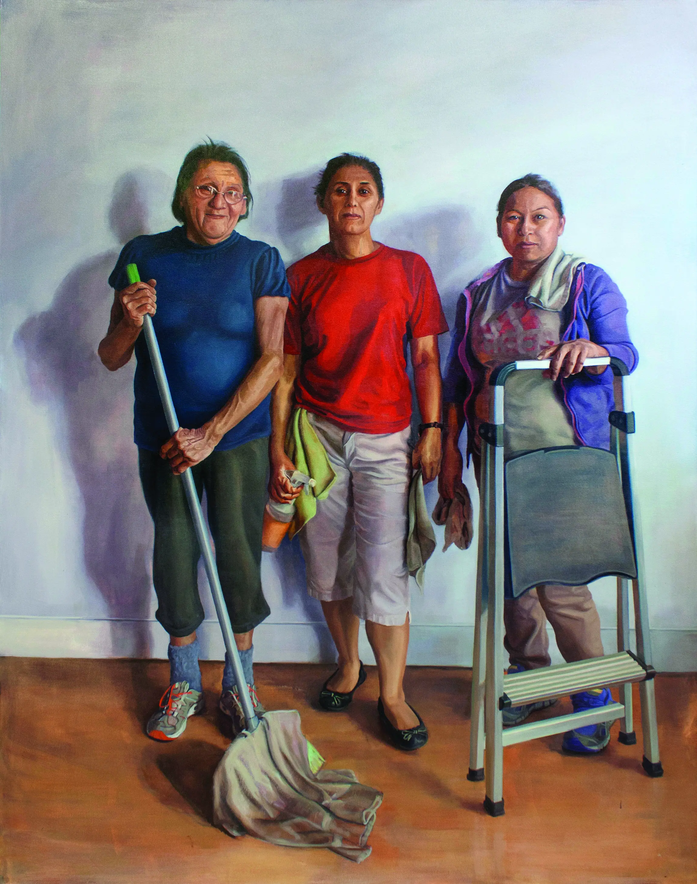 A painting of three brown-skinned women of varying ages in t-shirts and trousers standing in front of a white wall with slight smiles on their faces. They hold a broom, step-ladder, spray bottle, and rags in their hands.