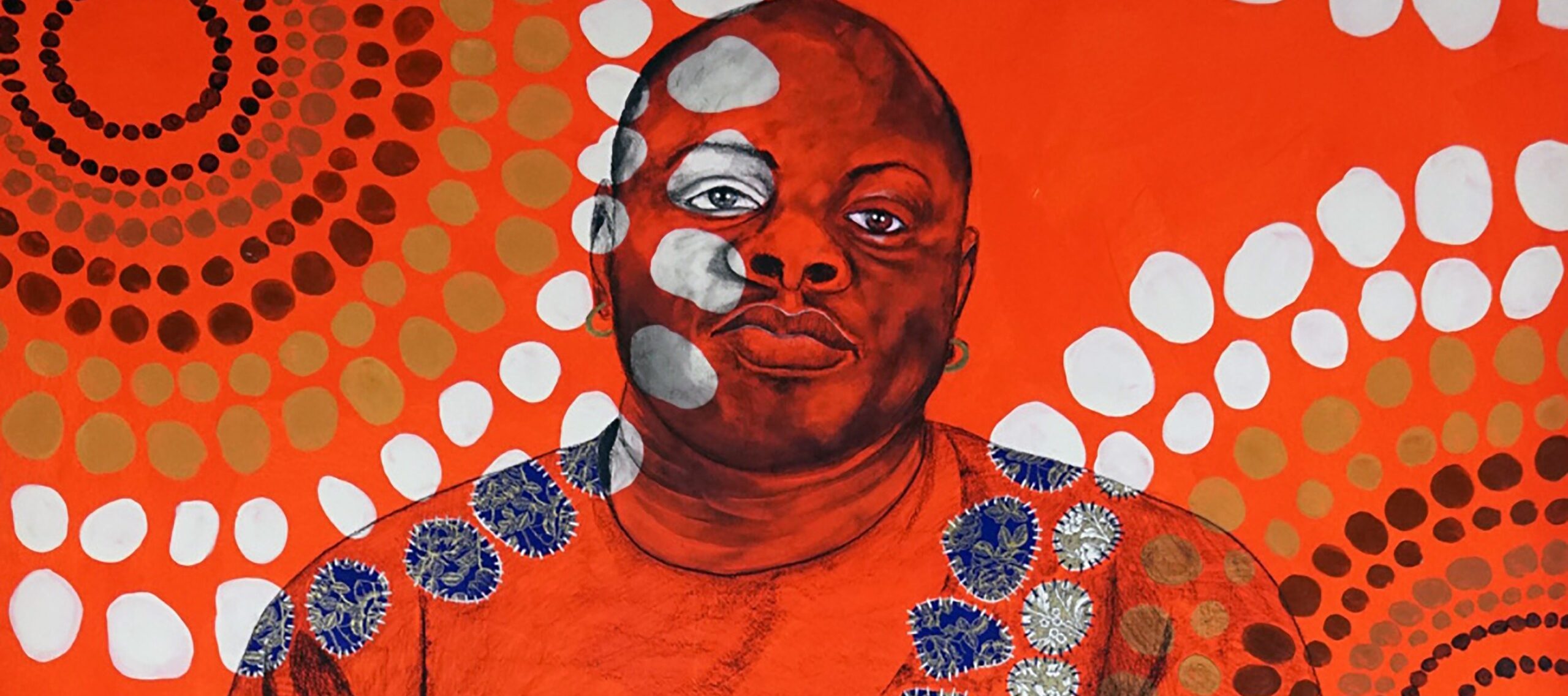 In this mixed-media painting, awash in bright orange, a seated, heavy-set, dark-skinned man stares confidently at the viewer. An overlaid pattern of white, blue, and brown circles covers him and the background.