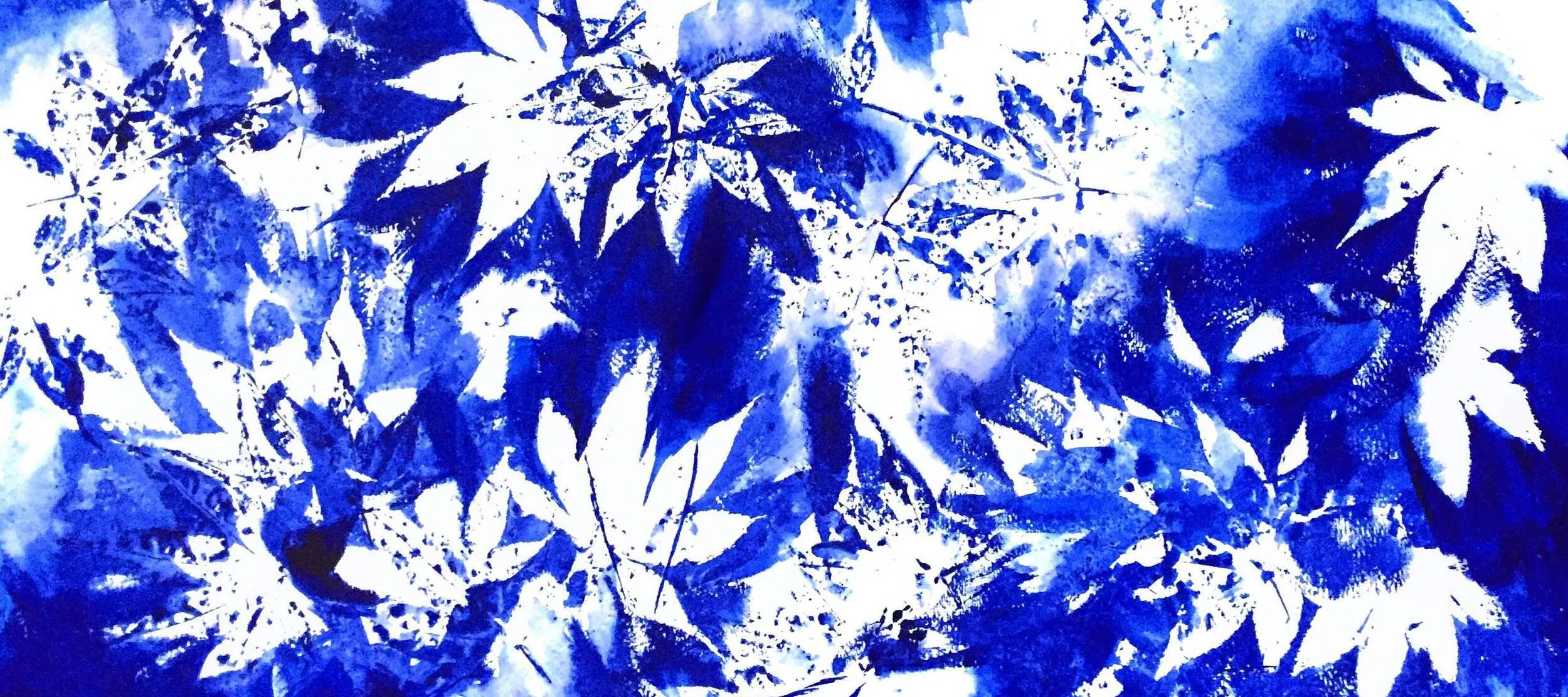 Horizontally oriented cyanotype print of white fern fronts and cobalt blue ovals of different sizes.