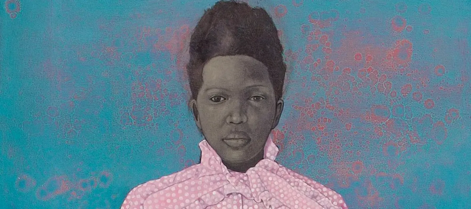 In this painted portrait, a woman with dark skin tone rendered in grayscale stands with her arms by her side, looking straight at the viewer. She is set against a blue background speckled with red, watery drips. She wears a short-sleeved polka-dot blouse with a bow at the collar and a white skirt.