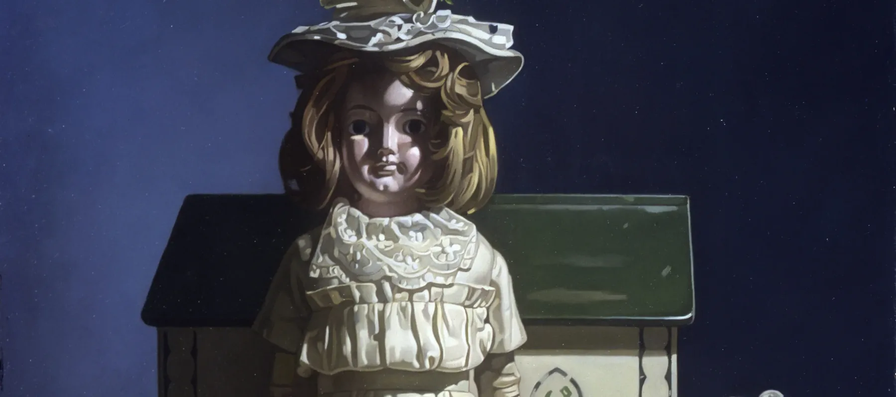 A light-skinned porcelain doll with a blonde bob sits with her back against a simple toy of Noah’s Ark before a blue wall. She wears a long, white dress and sun hat. A few tiny animal figurines and a doll-sized basket of flowers surround her. The scene is painted with severe shadows.