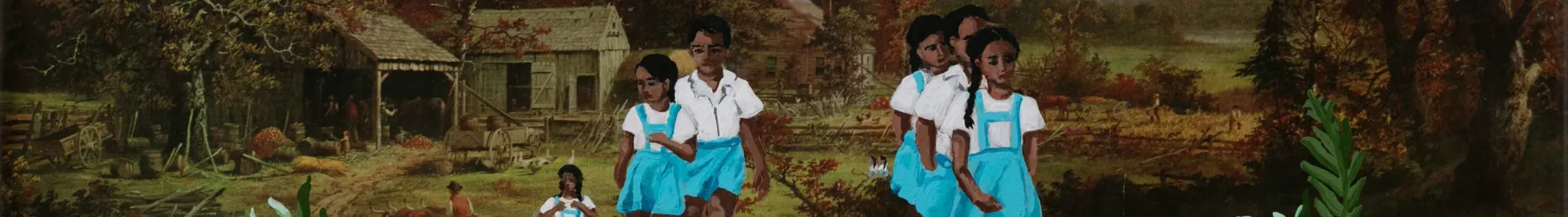 A vintage painting depicting a wooded pastoral landscape with trees and mountains. Six children with medium skin tones and dark hair are painted over the foreground of the original painting. They wear white shirts and blue skirts and shorts with red and black shoes.