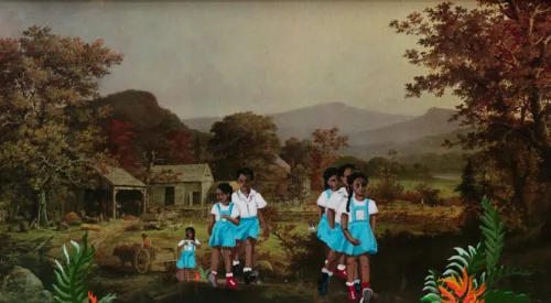 A vintage painting depicting a wooded pastoral landscape with trees and mountains. Six children with medium skin tones and dark hair are painted over the foreground of the original painting. They wear white shirts and blue skirts and shorts with red and black shoes.