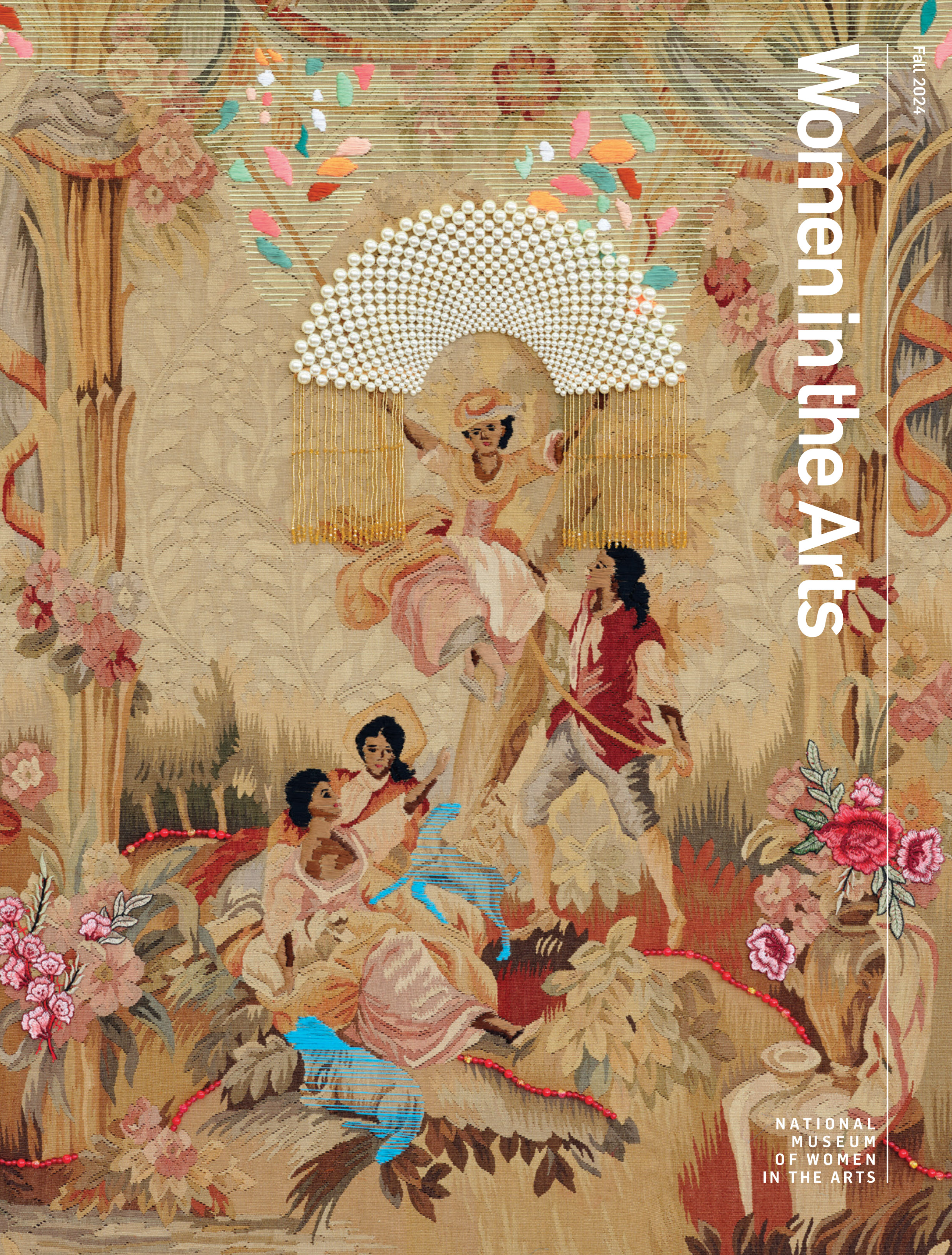 Cover of Women in the Arts magazine with a vintage tapestry depicting three women and one man in a pastoral scene. One woman sits atop a swing while the others sit beneath her. The man holds the rope of the swing. Bright thread and beads are sewn over the original tapestry, and all four figures skin and hair have been darkened with brown and black thread.