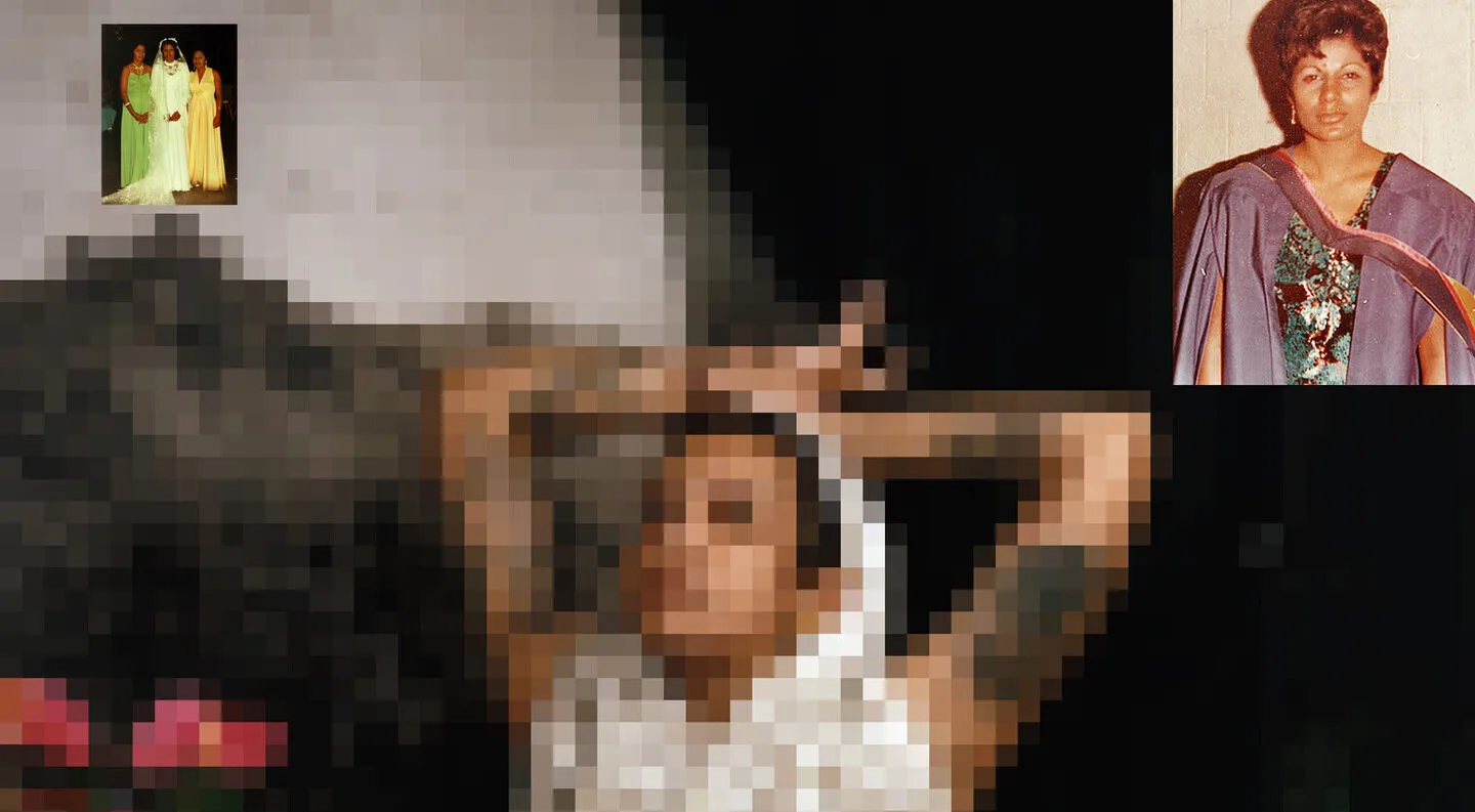 A pixelated image shows a person dressed in white with her arms raised, resting on her head. Placed around her are black-and-white and color photographs of medium- and dark-complexioned women in formal gowns, saris, and school uniforms.