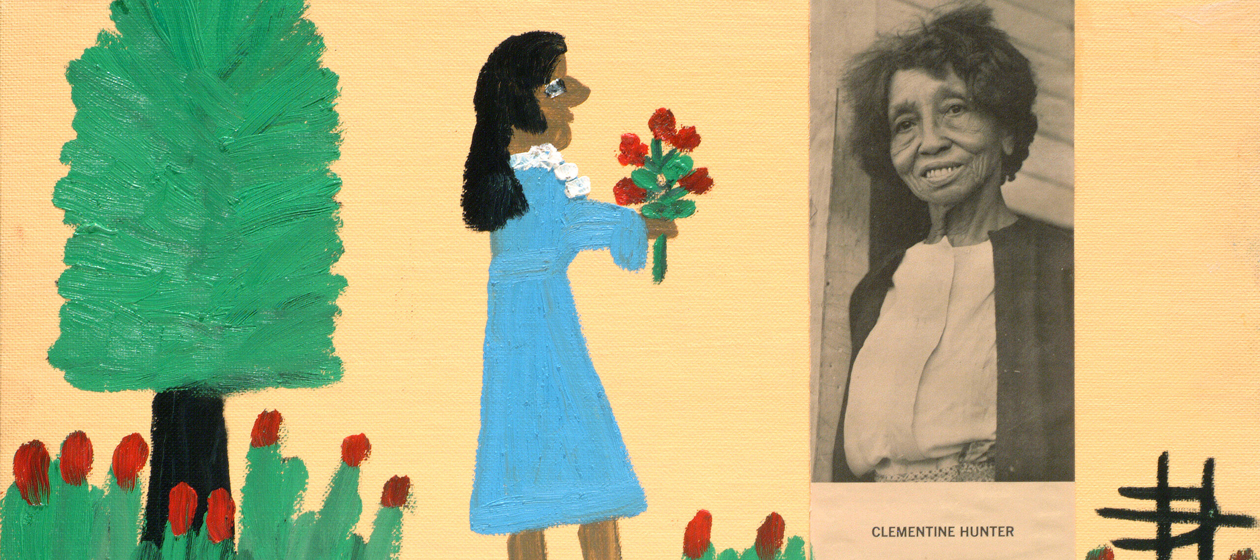 Rendered in a childlike style, the painting depicts a dark-skinned woman in a blue dress offering a bouquet of red flowers to a photograph of the artist affixed to canvas. The woman stands next to a tree surrounded by red flowers with blue sky and gray clouds above her.