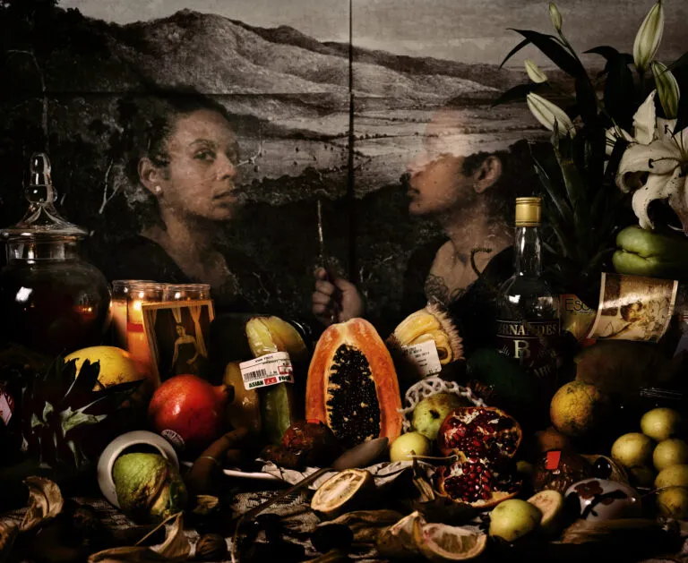 An assortment of flowers, colorful fruits, glass bottles, and photographs are visible in front of a transparent image of a dark-skinned woman who looks out at the viewer while her reflection looks at her. Behind her is a black-and-white image of a mountainous landscape.