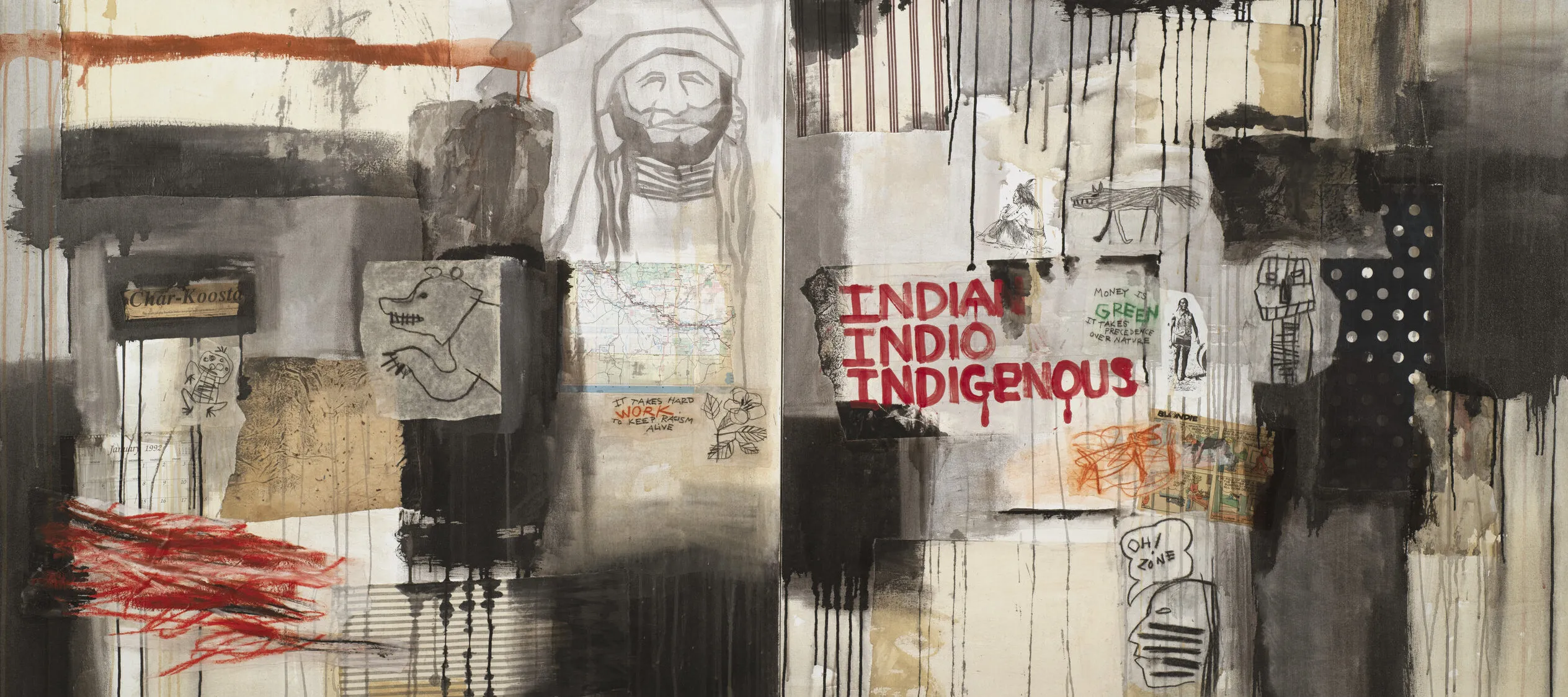 A horizontal canvas combines collaged paper, such as a scrap of a U.S. map, comic strip, and pictographs; cloth swatches; scrawled and dripped paint; and phrases like “It takes hard work to keep racism alive” and “Oh! Zone.” The work’s title appears in red paint right of center.